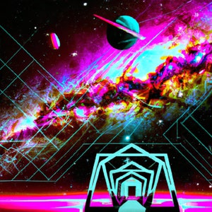 Könnte beinhalten: Ein psychedelischer abstrakter Kunstdruck mit geometrischem Design und einem galaktischen Hintergrund. Der Druck zeigt ein leuchtendes Rosa-, Blau- und Grüntonschema auf schwarzem Hintergrund. Der Druck ist von einem schwarzen Rahmen umgeben.