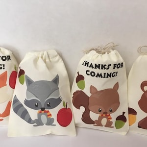 Woodland Animal Favor Bags – Fall Birthday, Baby Shower, Thanksgiving Party Goodie Bags, Reusable Cotton Drawstring Bags, Wild Birthday Bags