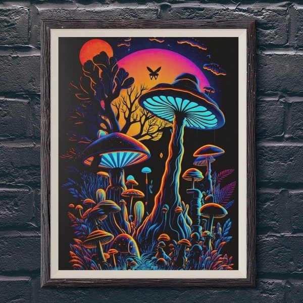 Printable Trippy Mushroom Forest Blacklight Style - Printable Wall Decor, Neon Style Art Print, Home Decor, Wall Art, UHD