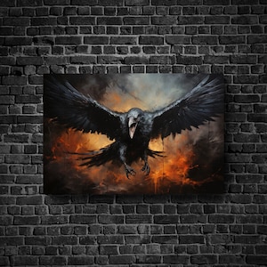 Arte de la pared del lienzo, arte del cuervo, arte del pájaro, impresión del cuervo, arte de la fantasía, impresión colgante, decoración de la pared, decoración del hogar, colgante de pared misterioso, regalo
