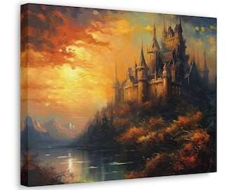 Castle Art, Golden Castle Art, Sunset Castle, Medieval Canvas Art, Medieval Art, Hanging Art, Wall Art, Wall Decor, Home Decor