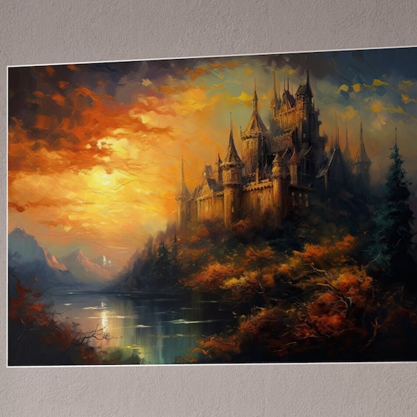 Castle Art, Golden Castle Art, Sunset Castle, Medieval Poster Art, Medieval Art, Hanging Art, Wall Art, Wall Decor, Home Decor