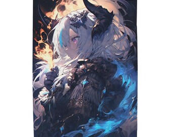 May include: A digital illustration of a woman with long white hair and horns, wearing a dark, detailed outfit. She is holding a glowing blue flame in her hand. The background is a dark, smoky scene with hints of orange and blue.
