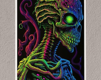 Psychedelic Creepy Skeleton Zombie Skull Poster- Gloss Posters, Multiple Sizes, Wall Decor, Gift