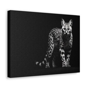 Puede incluir: Impresión en lienzo en blanco y negro que presenta un serval manchado. El gran felino se representa sobre un fondo oscuro. El lienzo tiene una apariencia texturizada, agregando profundidad a la obra de arte.