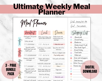 Planer posiłków do druku, tygodniowy dziennik żywieniowy, śledzenie posiłków, dziennik żywieniowy, plan i przygotowanie menu, BONUSOWA lista zakupów! Dieta, fitness, zdrowie, pakiet