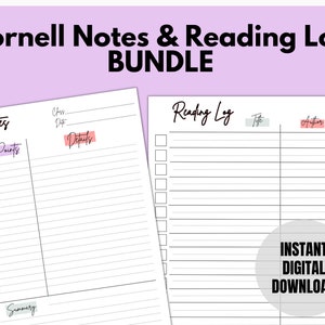May include: A printable Cornell Notes and Reading Log bundle. The Cornell Notes page has sections for "Key Points", "Details", and "Summary". The Reading Log page has sections for "Title", "Author", and a checklist.