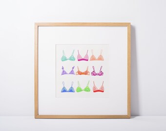 Wydruk artystyczny na biustonoszu, Kolorowy biustonosz artystyczny, Dekoracja ścienna do sypialni, Minimalistyczny, Kobieca sztuka ścienna, Sztuka bielizny, Kwadratowy wydruk artystyczny, Plakat feministyczny