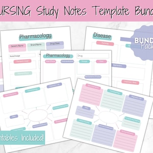 May include: A printable bundle of 9 nursing study notes templates. The templates are designed to help students organize their notes on pharmacology, disease, and other nursing topics. The templates are in a light pink and blue color scheme with a white background.