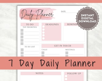 Pakiet PLANER DZIENNY, Lista rzeczy do zrobienia, Wydrukowany planer dnia produktywności w pracy, Dziennik dnia pracy, 7-dniowy planer, Śledzenie spotkań, Różowy planer