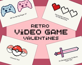 Karty walentynkowe z grami wideo retro, Walentynki pikselowe, Karty walentynkowe, Vintage Video Game, Karty dla graczy, Para graczy, Prezent dla niego