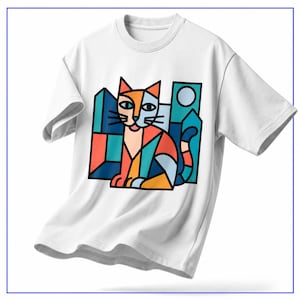 May include: A white short-sleeve t-shirt featuring a graphic print of a cat in a geometric style. The cat is rendered in shades of orange, blue, and teal with bold black outlines, set against a background of abstract shapes and a circular moon.