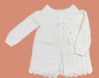 White Soft Hand Knitted Unisex Children's Baby / Toddler Cardigan / Jacket, Collar Detailed, Ribbed, Buttoned