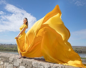 Flying dress Flowy dress Long flowy dress Yellow flying satin dress Flying dress for photoshoot Flowy maternity dress Long train dress