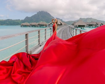 Long Flying Dress For Photoshoot Red Backless Flying Dress Satin Long Flowy Infinity Dress Made-to-order Flowing Train Gown For Photoshoot