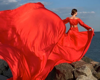 Coral flying set - Crop top and flying skirt - Long flying dress - Long train skirt - 18 colors for - Custom flying dress