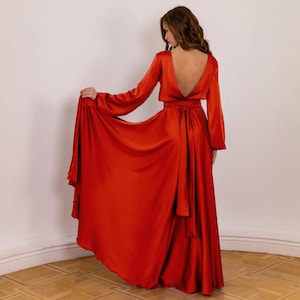 dark red bridesmaid dress long sleeve Long Sleeves Red Satin Long Mermaid Bridesmaid Dresses , BN1086