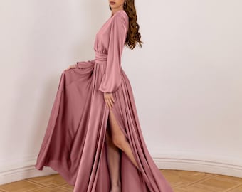 Rose Gold Evening Dress Long Sleeve Satin Maxi Bridesmaid Dress Made-To-Order Low Back Evening Gown Dresses For Weddings Guests Slit Dress
