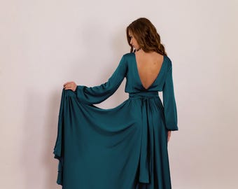Teal Long Sleeve Bridesmaid Dress | Open Back Wedding Guest Dress | Teal Satin Evening Gown | Long Sleeve Formal Dress