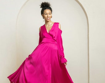 Robe de demoiselle d'honneur rose en satin avec taille et ceinture élastiques - Taille et longueur personnalisées - 18 couleurs au choix