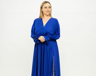 Plus size royal blue dress Satin dress Maxi dress Long dress Evening dress plus size Maxi dress long sleeve Formal dress Homecoming dress