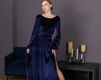 Navy Blue Velvet Dress - Long Elegant Dress - Velvet Bridesmaid Dress in 12 Colors for Choice - Evening Dress - Open-Back Dress - Maxi Dress