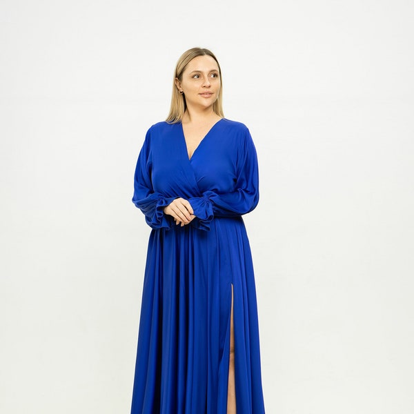 Plus size royal blue dress Satin dress Maxi dress Long dress Evening dress plus size Maxi dress long sleeve Formal dress Homecoming dress