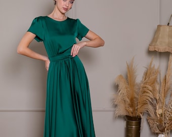 Boat Neckline Dress Evening Gown With Short Sleeves Emerald Green Bridesmaid Dress Modest Wedding Guest Dresses Formal Flared Midi Dress