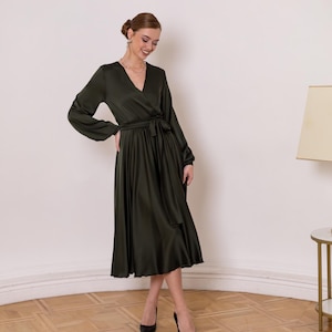 V Neck Long Sleeve Satin Dress Mother Of The Bride Dress Tea Length Olive Green Woman Dress For Wedding Guest Mother Of The Groom Dress