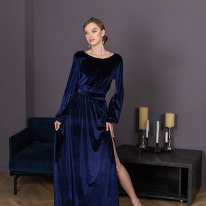 Velvet dress Long velvet dress Velvet navy blue dress