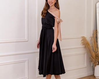 black tie bridesmaid dresses Chiffon | Elegant Gowns This satin gown features delicate flutter sleeves for elegant coverage Formal One Shoulder Dress Black