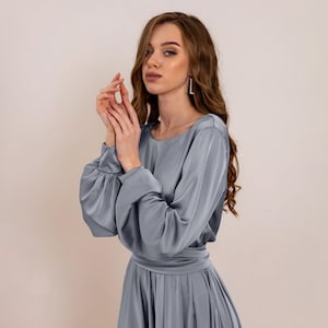 Gray Long Satin Dress Custom Bridesmaid Dress Long Sleeve Maxi Formal Gown Flowing Cocktail Dress For Wedding Guest Boat Neckline Dress