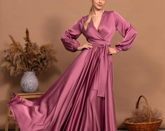 Suknia dla druhny z długimi rękawami, długa sukienka z dekoltem w serek, rozkloszowana sukienka dla gościa weselnego, długa suknia wieczorowa z długim rękawem, satynowa sukienka koktajlowa, elegancka