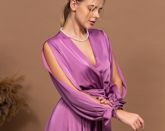 Sukienka maxi dla kobiet z długim rękawem w kolorze liliowego różu, sukienka dla druhny, długa sukienka z dekoltem w serek, zimowy strój dla gościa weselnego, ręcznie robiona sukienka koktajlowa, elegancka