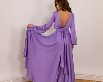 Satin dress Evening dress Event dress Long satin dress Floor length long sleeve dress Handmade satin dress Purple dress Satin wrap dress