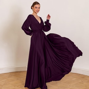 Plum Elegant Wedding Guest Dress Mother Of The Groom Dress Long Sleeve Satin Dress Handmade Long Dress V-Neck Unique Evening Dresses Maxi