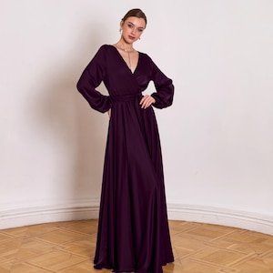 Plum Formal Dresses For Mother Of Bride Long Dress For Wedding Guest V Neck Long Sleeve Satin Dress Custom Evening Gown Long Flowy Dress