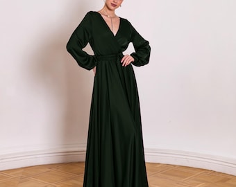 Olive Green Mother of the Bride Dress V Neck Long Sleeve Satin Dress Custom  Cocktail Dress Womens Wedding Guest Midi Dresses Flowing Dress - Etsy