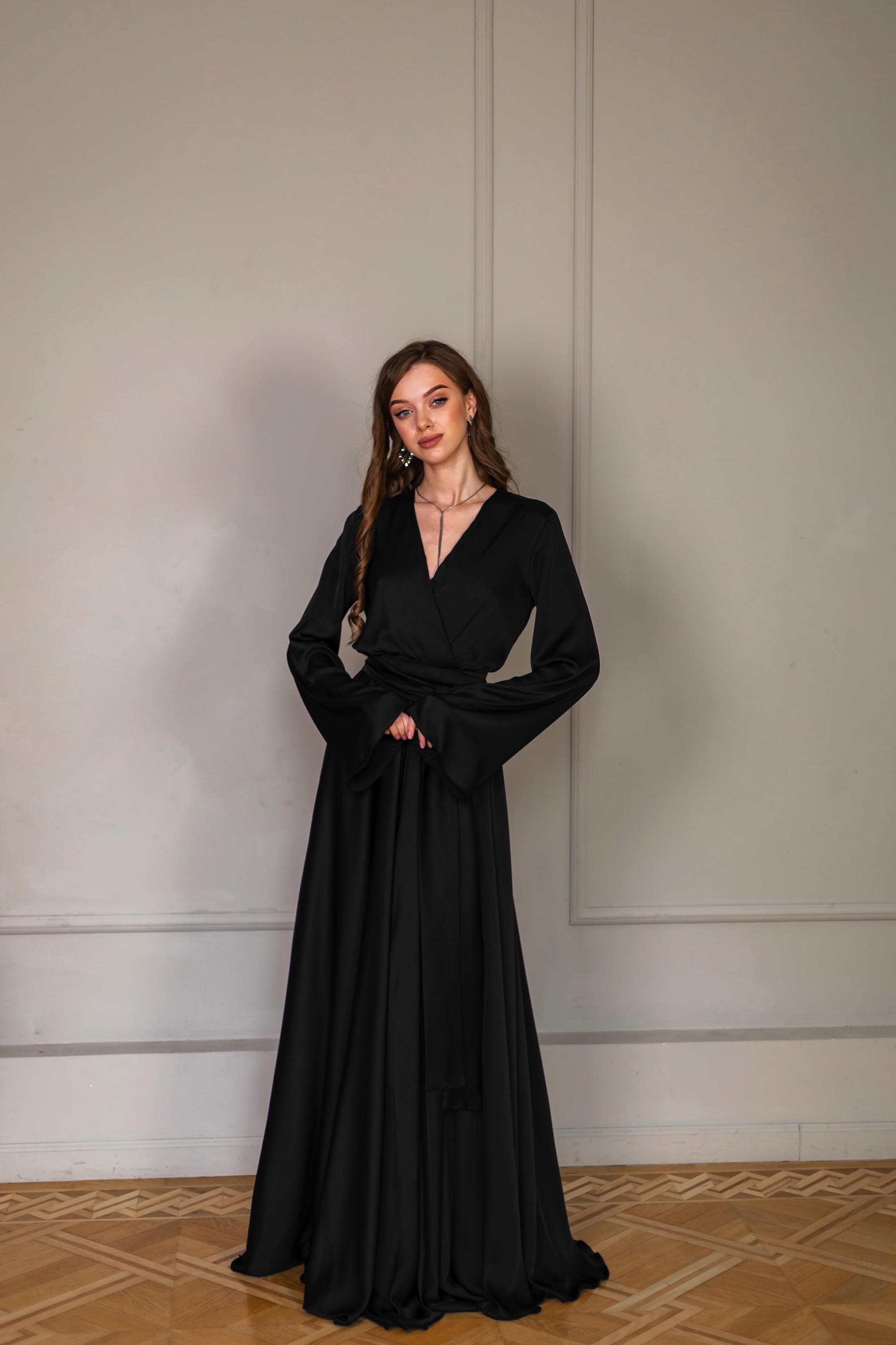 Maxi Party Dresses Guest Wedding Guest Dress Black Bridesmaid Dress Black Flowy Dress with Wide Long Sleeves Anniversary Dress