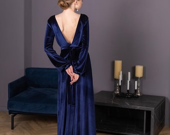 Low Back Evening Gown Long Sleeve Bridesmaid Dress Velvet Evening Dress Plus Size Navy Occasion Dress Size 18 Long Dress For Wedding Guest