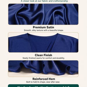 May include: A blue satin fabric display featuring the text NikaStudioDesign, Quality You Can Feel, A closer look at our fabric and craftsmanship, Premium Satin, Clean Finish, Reinforced Hem, and Handmade with attention to every detail.