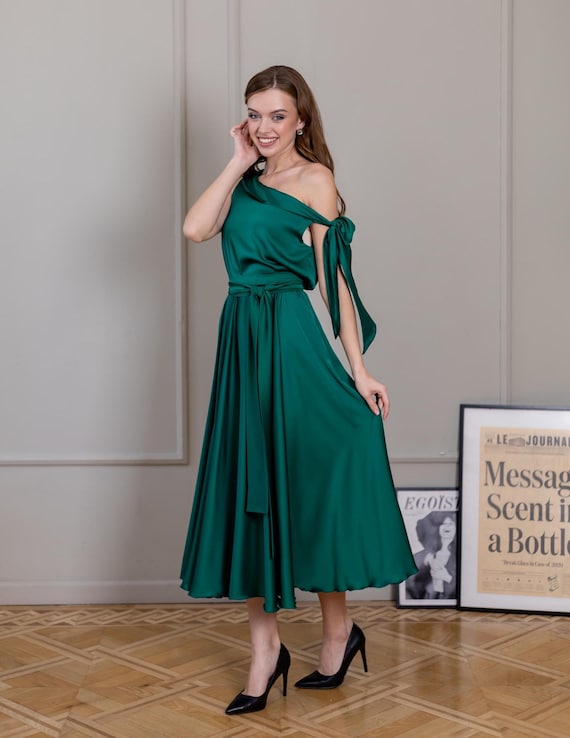 open lace back dress Dark Green Beaded One Shoulder Mother Bride Dress
