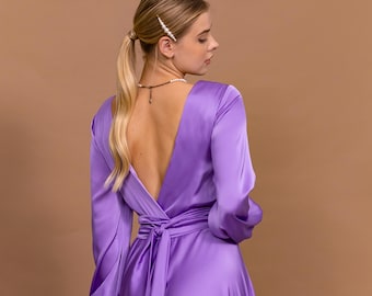 Suknia z odkrytymi plecami, szyta na miarę, liliowa, formalna sukienka dla gościa weselnego, długa suknia wieczorowa dla kobiet, satynowa sukienka z długim rękawem dla matki panny młodej