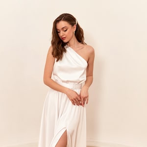 White Dress One Shoulde Satin Elopement Dress Sleeveless Reception Dress Simple Long Dress For Wedding Party Alternative Wedding Dress Slit