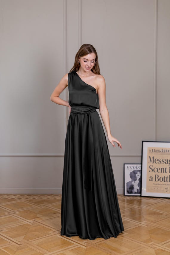 princess polly baby blue dress Women's Black Satin One Shoulder Prom Party Formal Dress with Leg Slit Size  16
