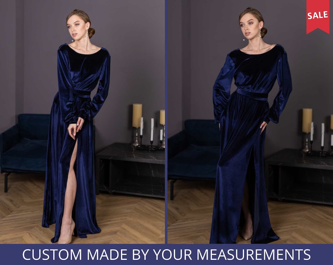 Blue Velvet Dress Royal Blue Velvet Dress Women Velvet Dress Long Sleeve Velvet Infinity Navy ...