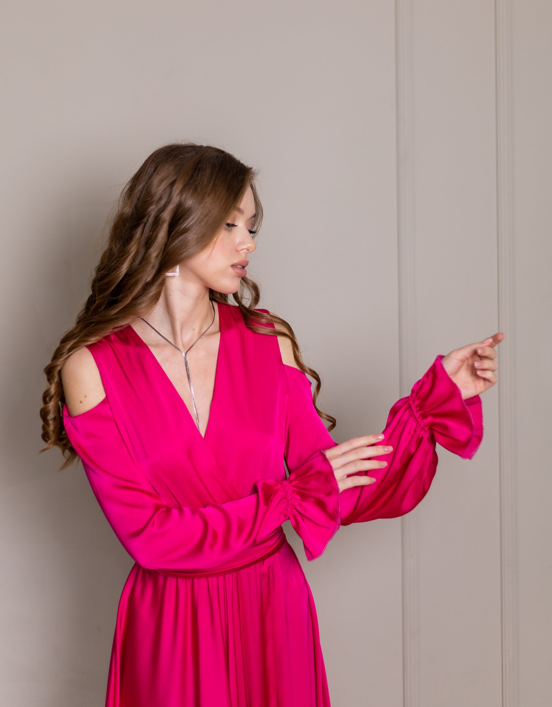 magenta formal dress with sleeves Ladivine CA109