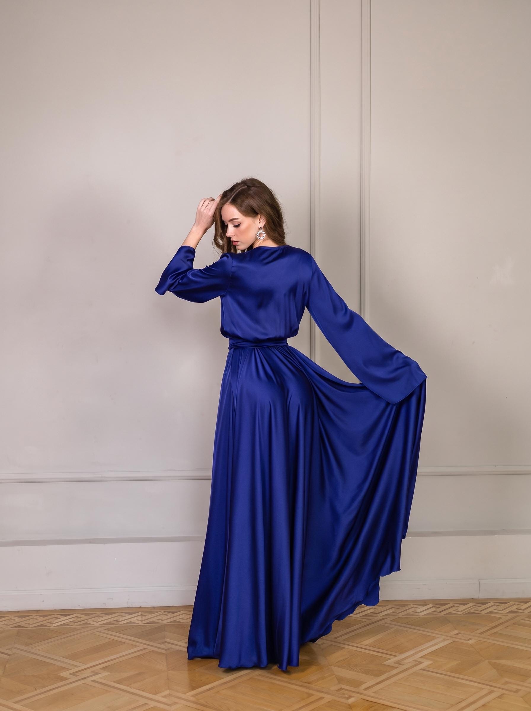 Royal Blue Engagement Dress for Bride Available in Any Color Alternative Wedding Dress Satin Dress Long Sleeve for Bridesmaid Dresses