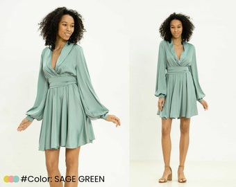 Sage Green Satin Cocktail Dress - Elastic Waist  Sash - Elegant Evening Wear