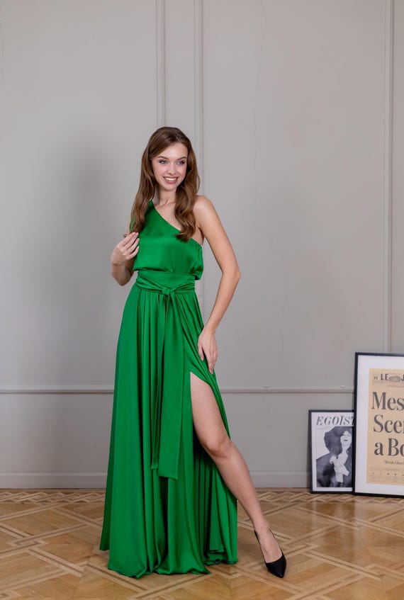 Green Dress Wedding Guest One Shoulder Gown Long Maxi Dress Bridesmaid Sleeveless Satin Flowy Dress Long Slit Dress Cocktail Dress Elegant